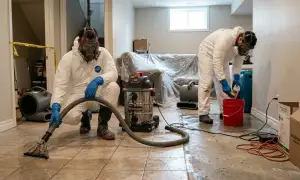 Sewer backup cleanup crew in Joliet, IL restoring a flooded home after sewage contamination